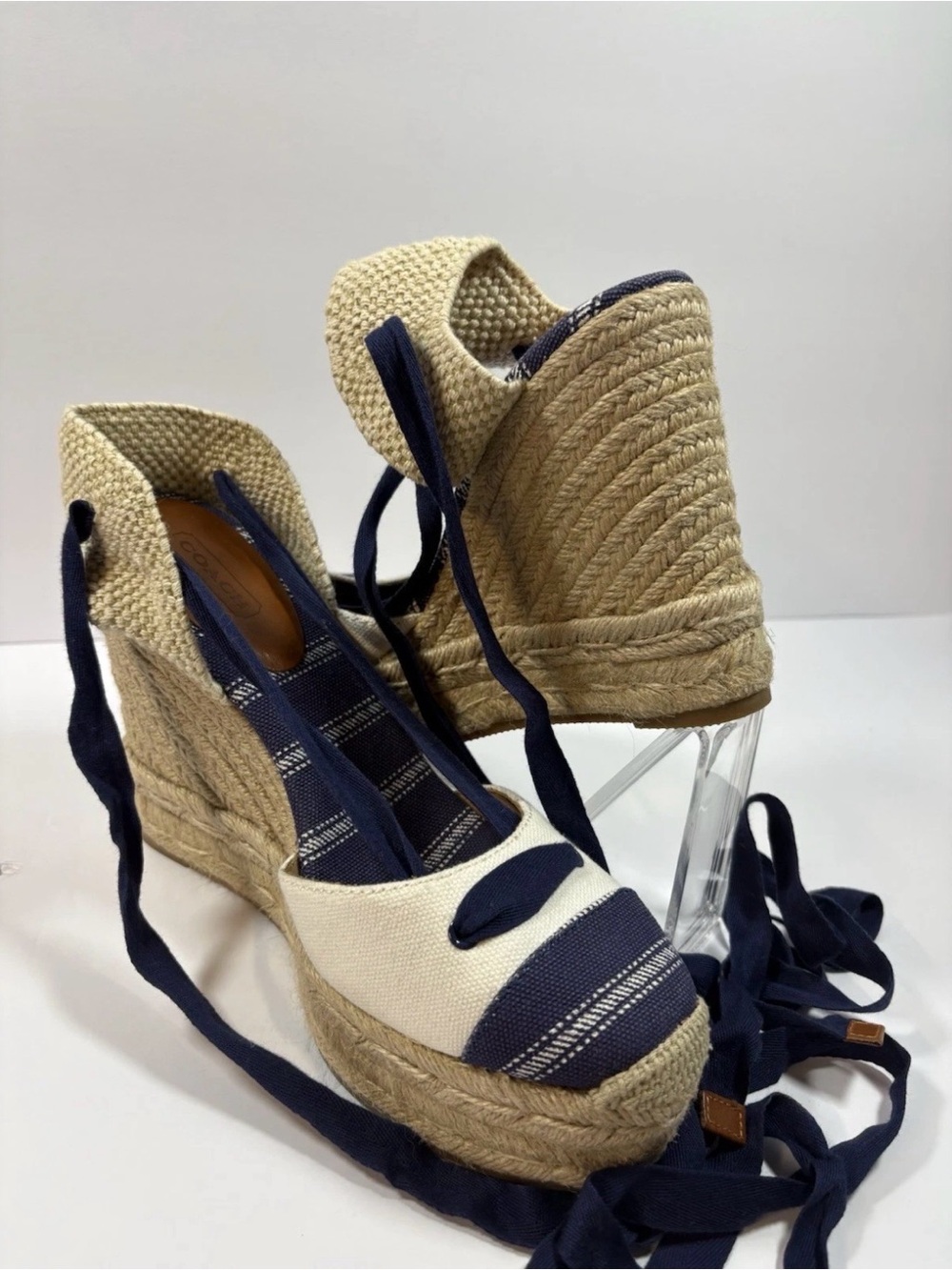 Coach Fern Ankle-tie Espadrille Wedge Sandals Blue and Beige